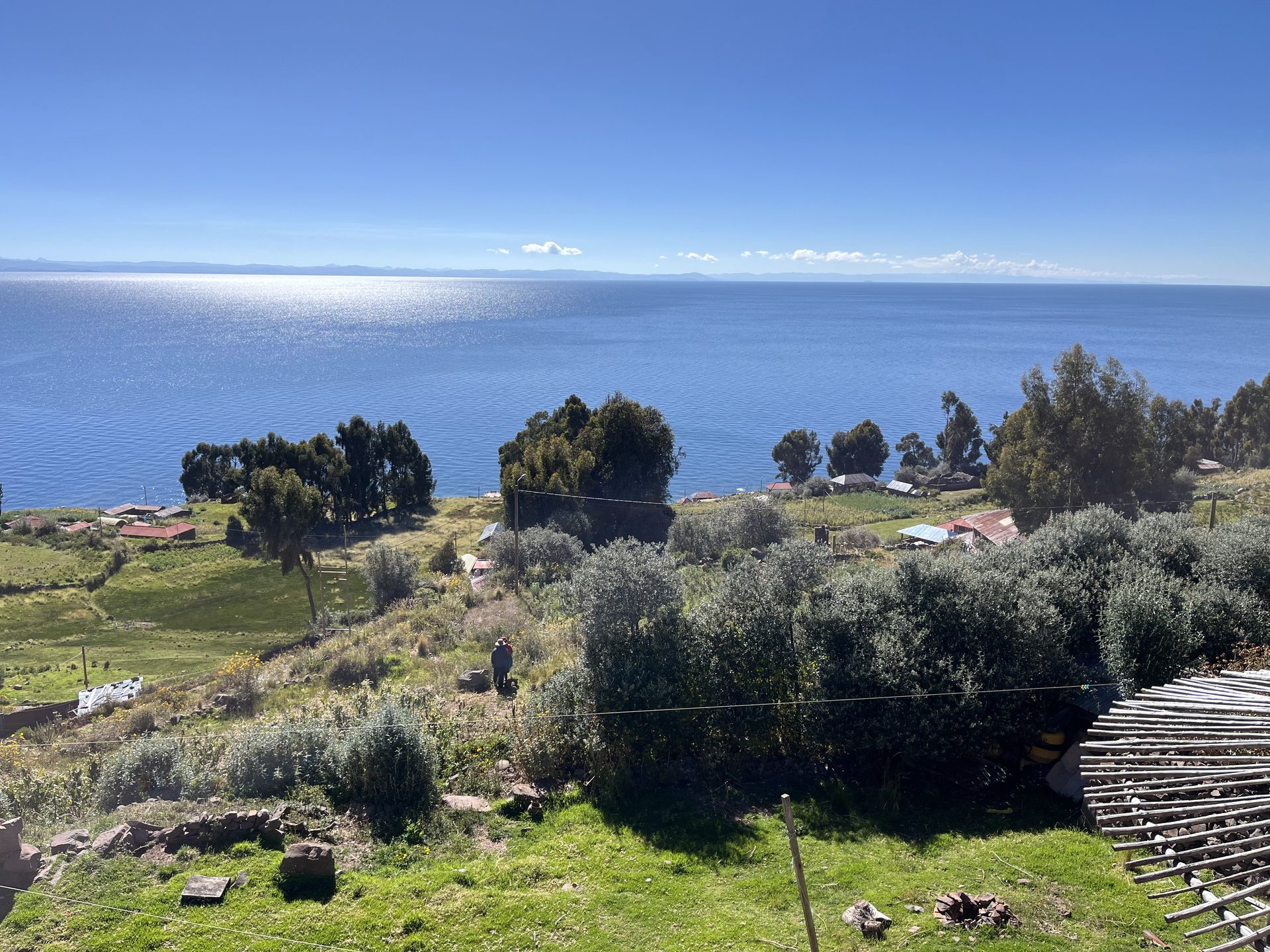 Terraced shores of Taquile Island above the deep blue of Lake Titicaca